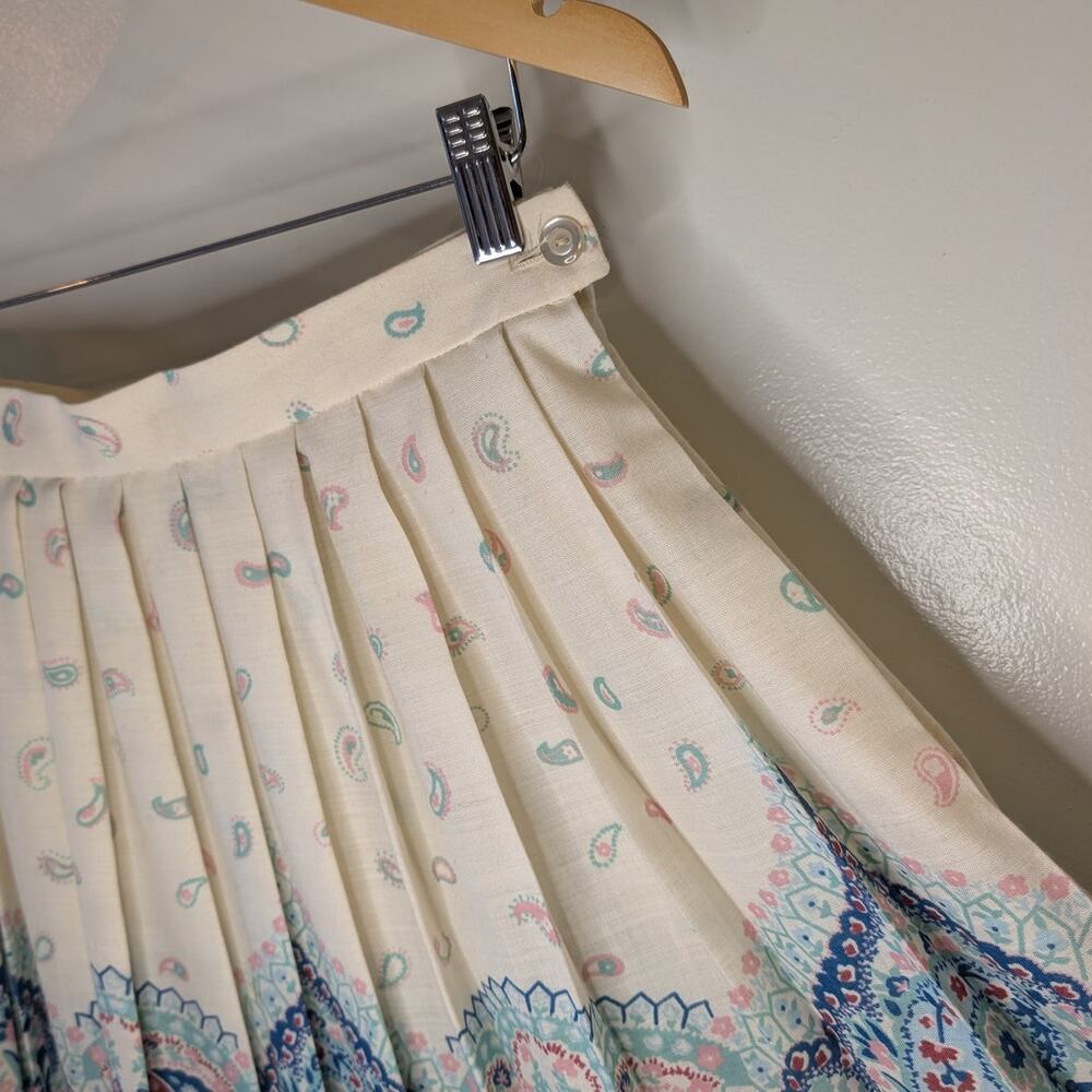 Vintage 80s Sears Pleated Paisley Maxi Skirt Border Print Cream Boho Size 14 - Picture 2 of 8